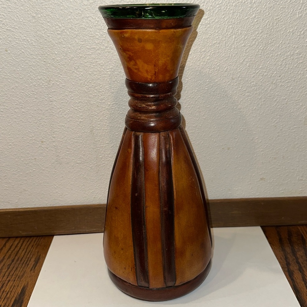 Wine Carafe Made in Italy VINTAGE Brown Leather Wrapped Green Glass 11.5”
